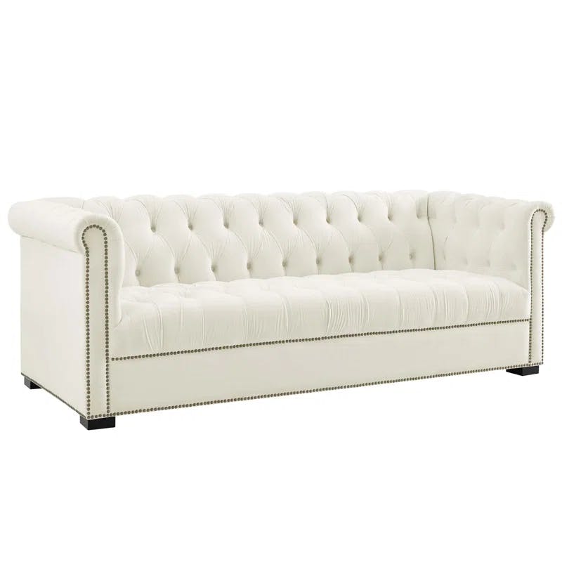 Chesterfield Black Velvet Tufted Sofa with Nailhead Trim and Wood Legs