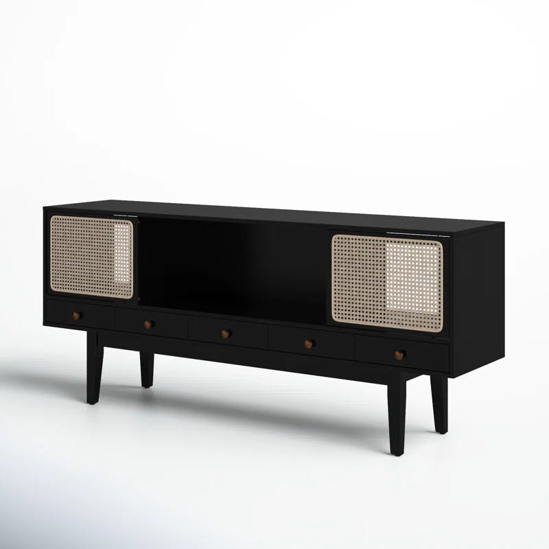 Simms 76.5'' Black Midcentury Modern Media Console with Cane Doors