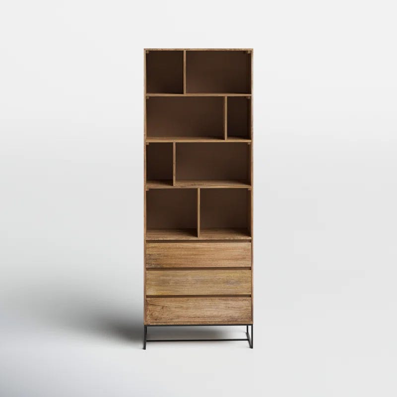 Industrial-Scandinavian Brown Mango Wood Shelf with Asymmetrical Cubes