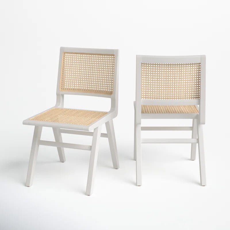 Elegant Coastal White Wood & Natural Cane Side Chair