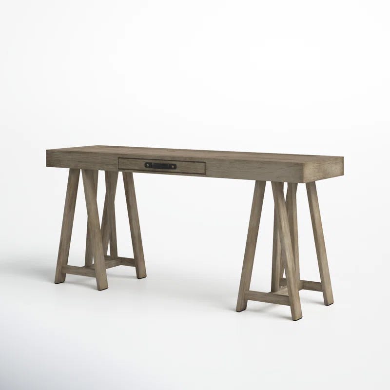 Alamosa Modern Teak Wood Writing Desk with Leather Drawer Pull, Gray