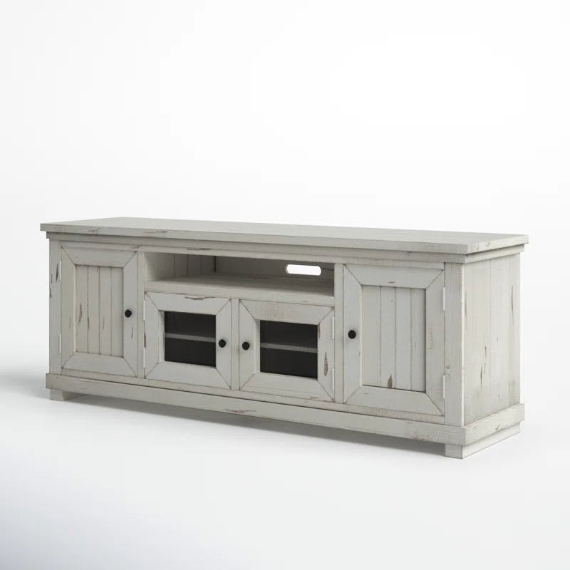 Distressed White Solid Pine 74" Rustic Media Console with Cabinet