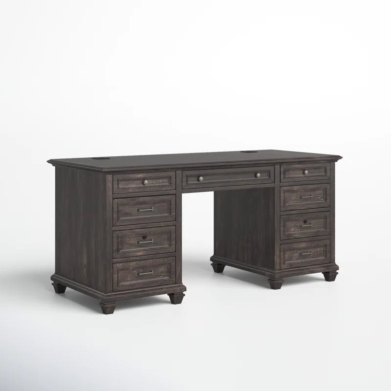 Transitional Weathered Charcoal Solid Wood Executive Desk with Power Outlet