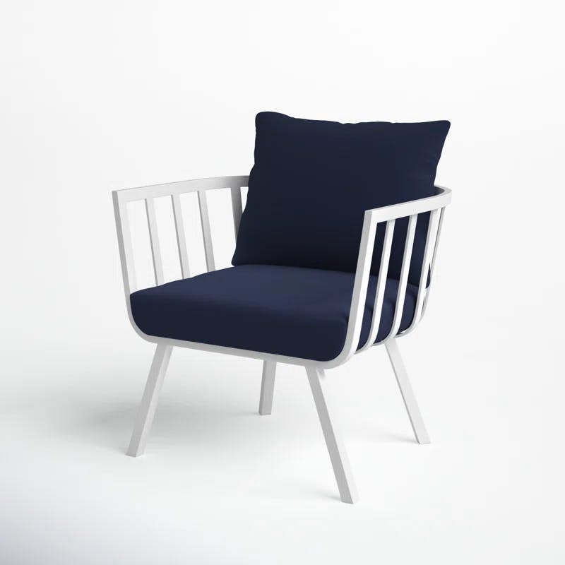 Riverside Coastal White Aluminum Outdoor Chair with Navy Cushions