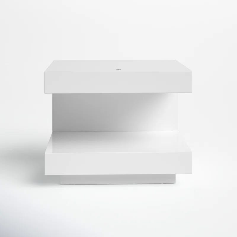 C-Shaped Modern White Glossy Nightstand with LED Light