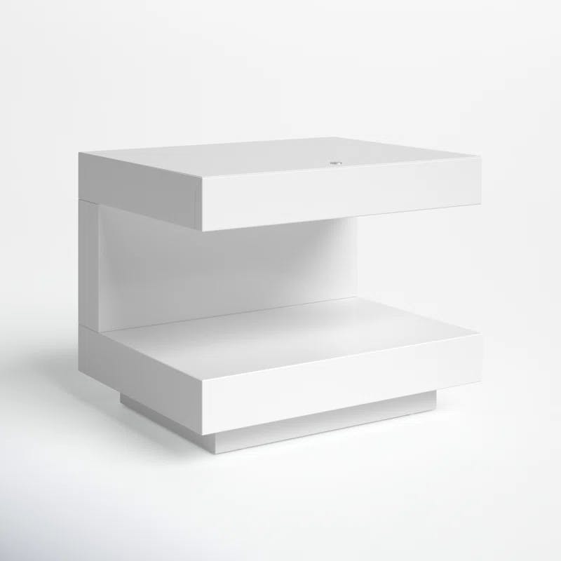 C-Shaped Modern White Glossy Nightstand with LED Light