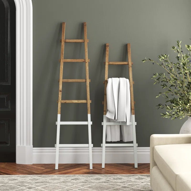 Modern Rustic Wood 73" Blanket Ladder with White Accents