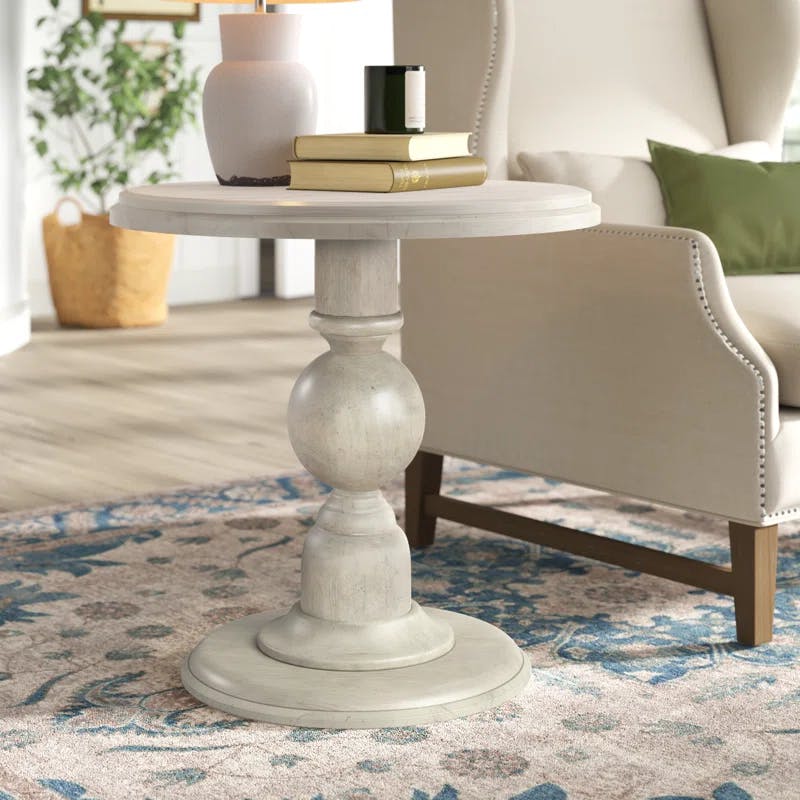 Traditional Linen White Round Wood End Table 28"