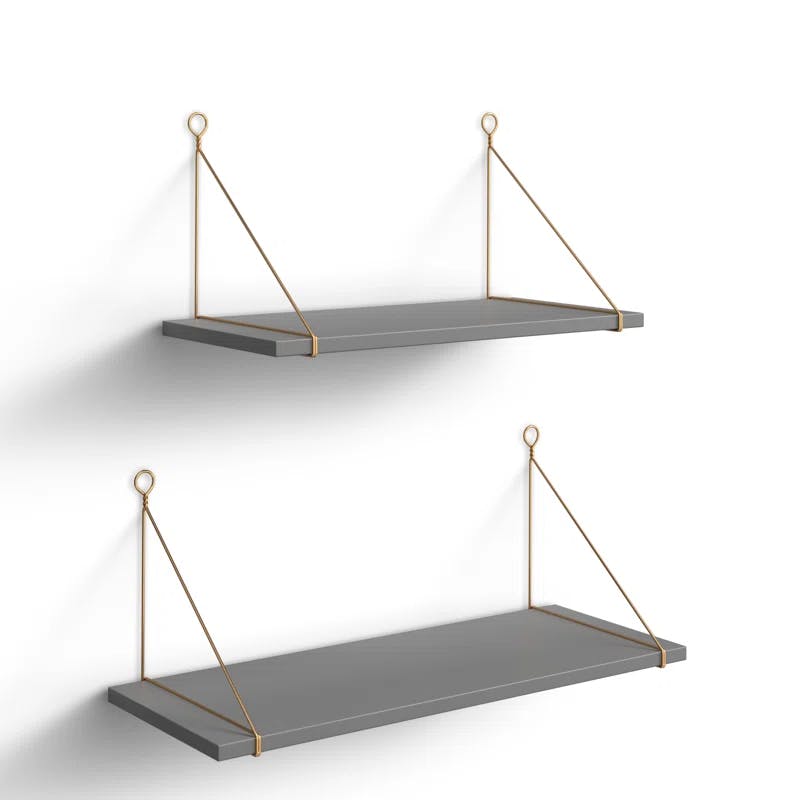 Vista Gray and Gold Wood and Metal Bracket Wall Shelves, 2-Piece Set