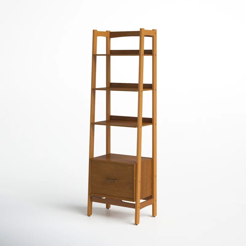 Mid-Century Modern Acorn Brown Wood Ladder Bookcase