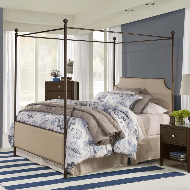 Elegant King-Sized Linen Upholstered Canopy Bed with Metal Frame