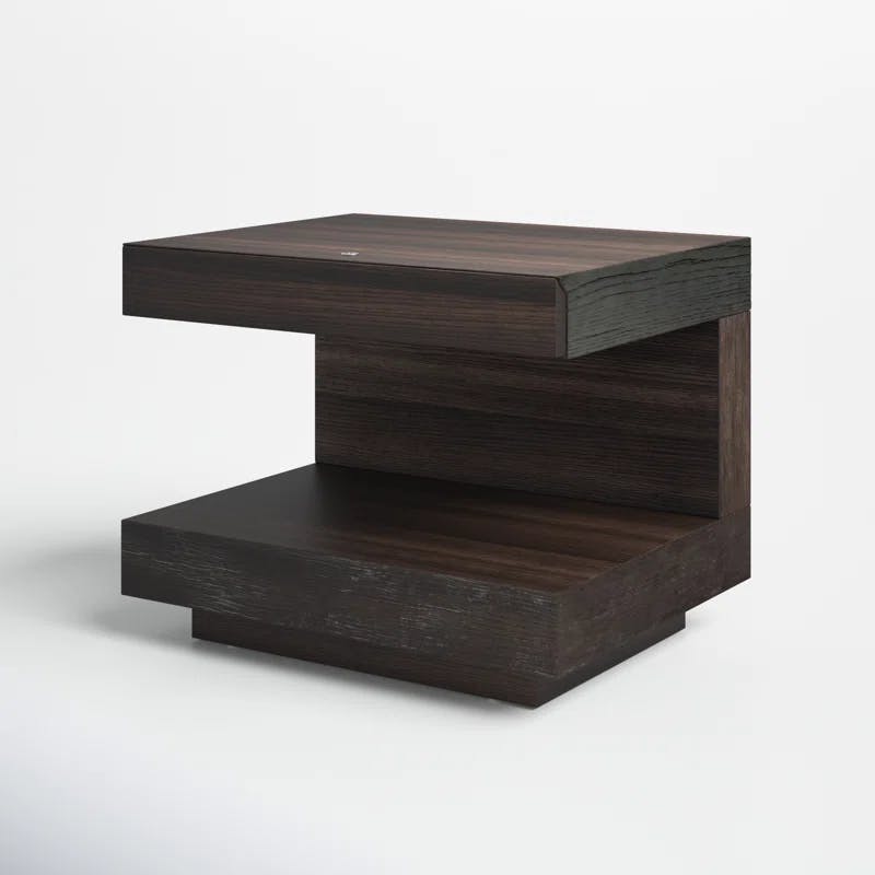C-Shaped Brown Oak Veneer Nightstand with LED and Drawer