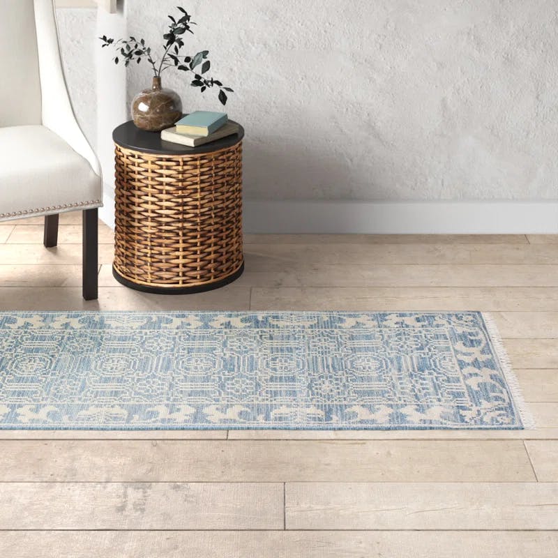 Hand-Knotted Denim Blue Wool Runner Rug, 2'6" x 8'0", Stain-Resistant