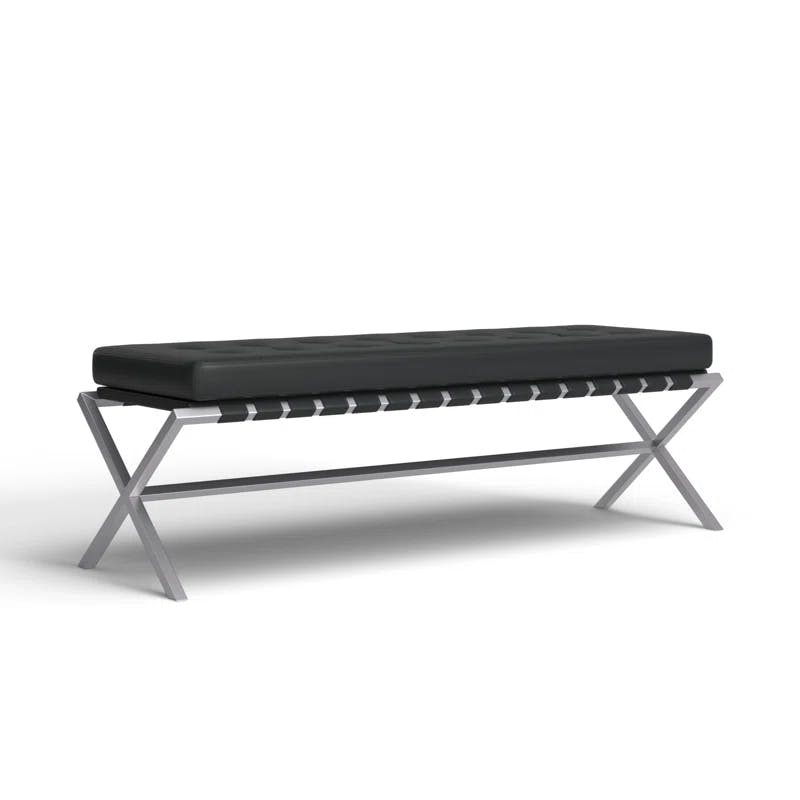 Auguste Modern Black Naugahyde Bench with Brushed Silver Base