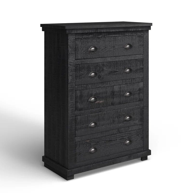 Distressed Black Cottage Style 5-Drawer Solid Pine Dresser