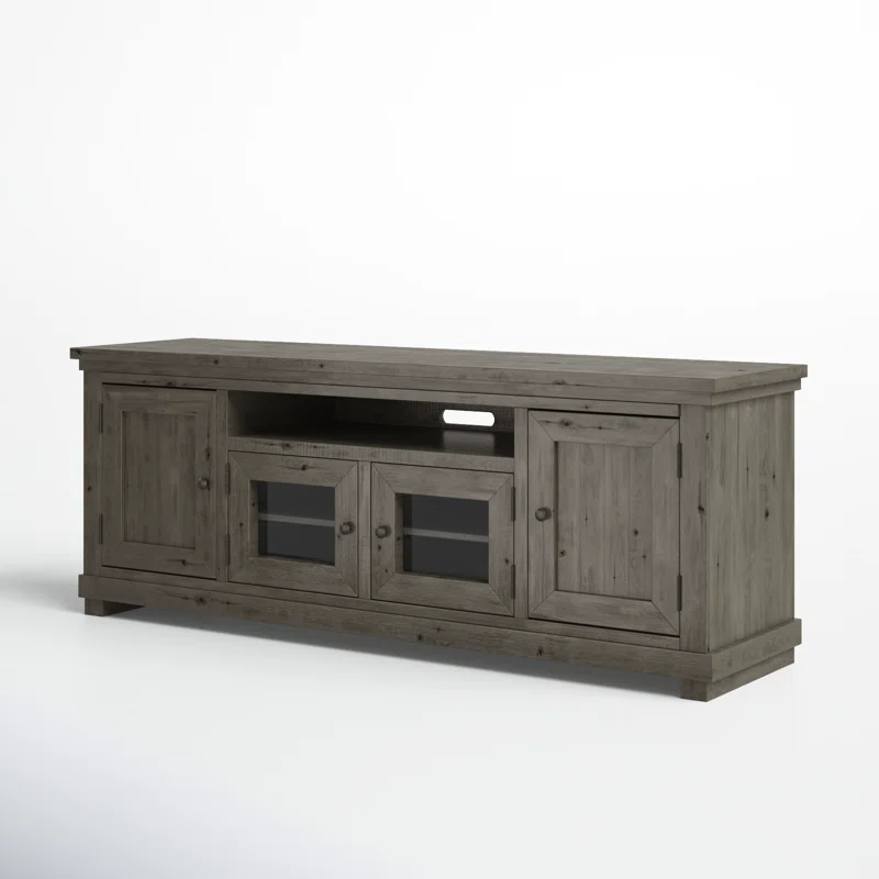 Transitional Gray 74" Solid Pine Media Console with Adjustable Shelves