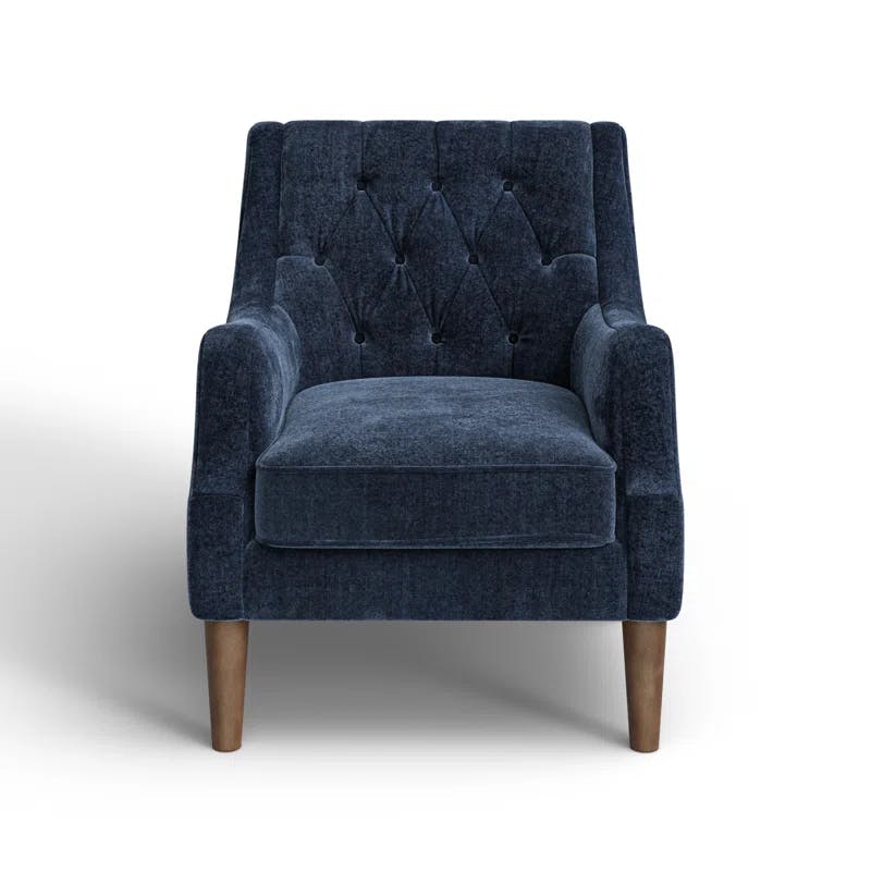 Elegant Navy Velvet Wood Accent Chair with Button Tufting