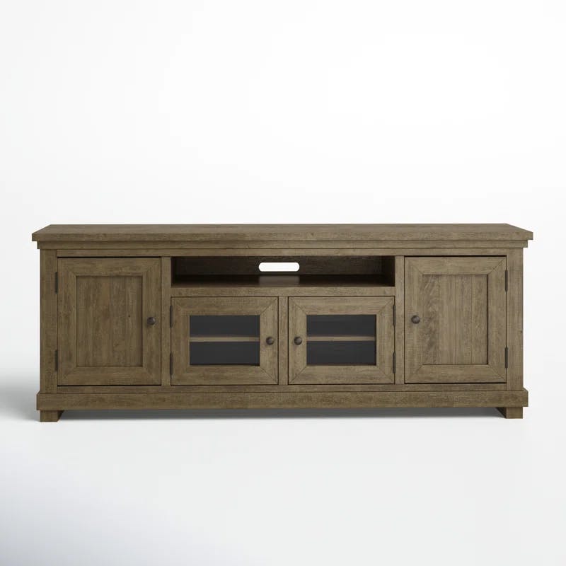 Weathered Gray Pine 74" Rustic Media Console with Glass Doors