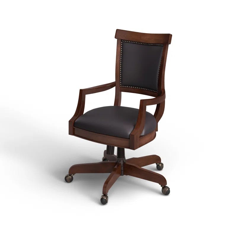 Traditional Cognac Brown Leather & Wood Swivel Desk Chair