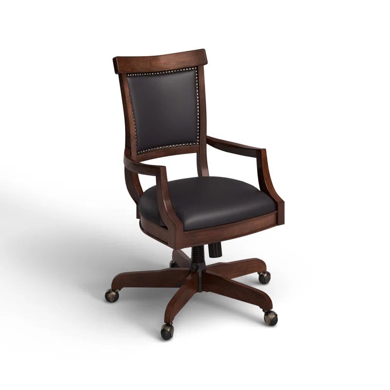 Traditional Cognac Brown Leather & Wood Swivel Desk Chair