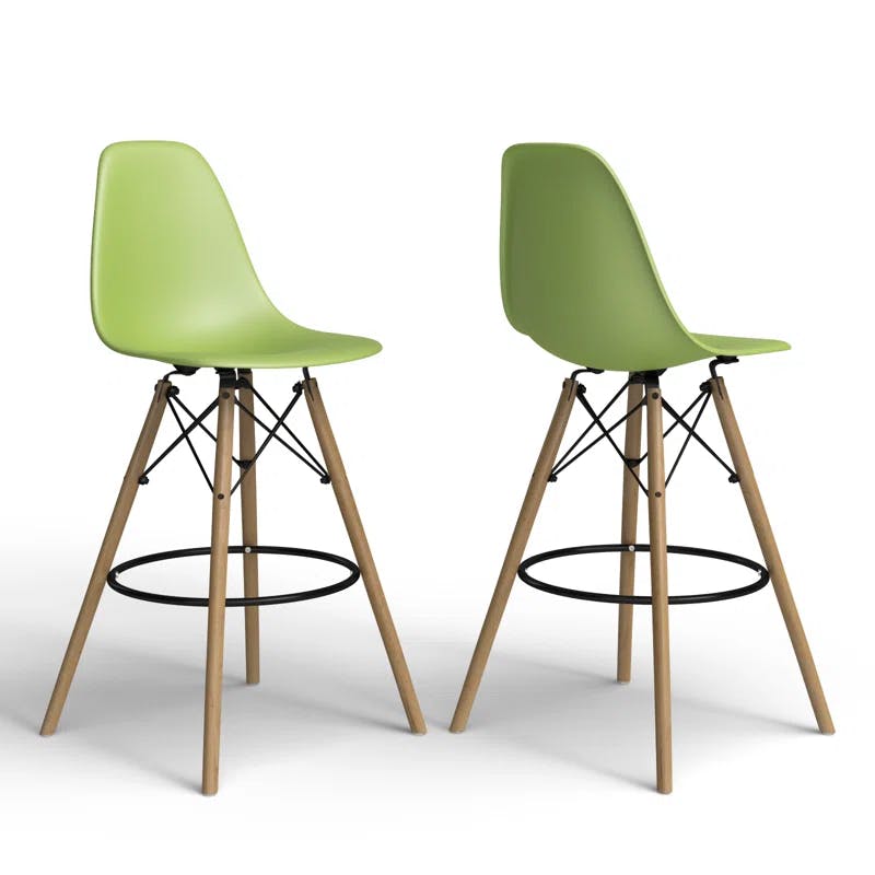Parisian Modern Classic Green Counter Stools with Natural Wood Legs, Set of 2
