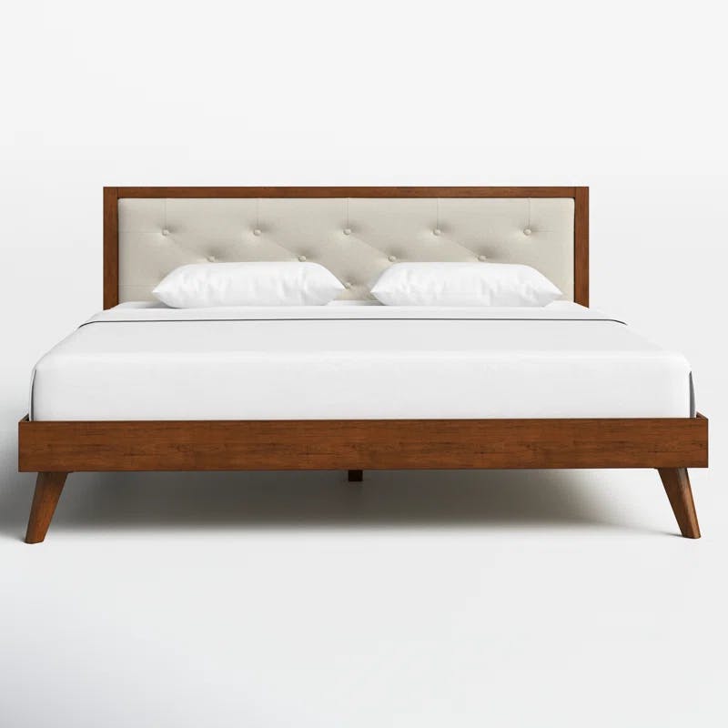 Mid-Century Modern Oatmeal King Bed with Tufted Upholstery