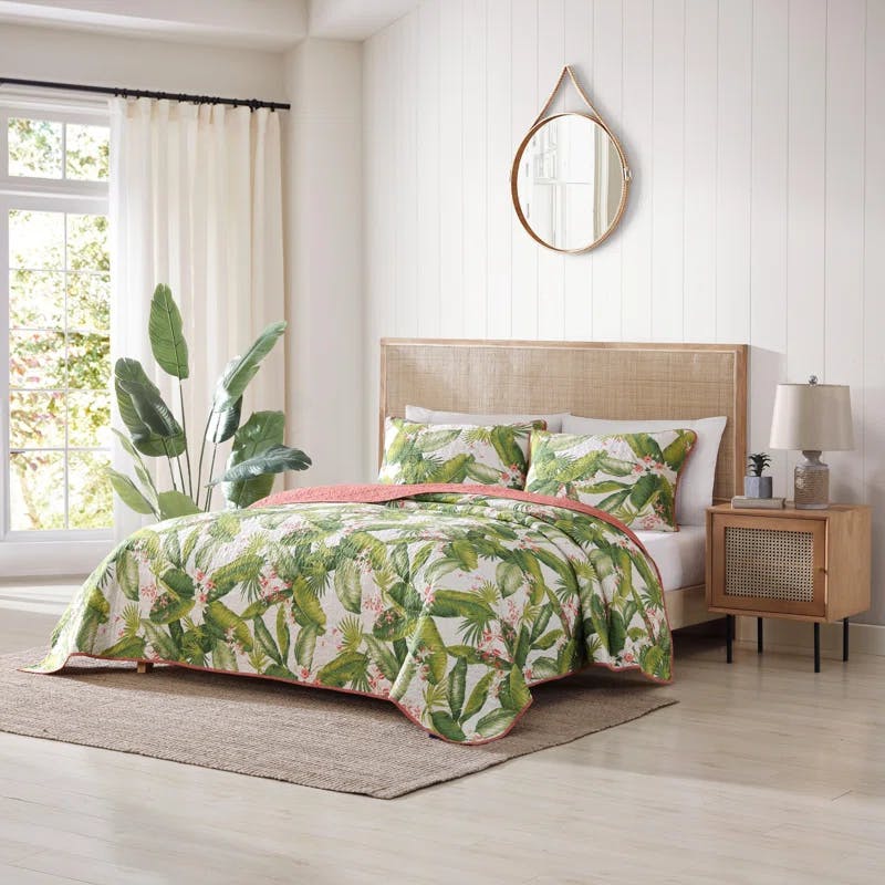 Ecru Twin Cotton Reversible Quilt Set with Palm Leaf Design