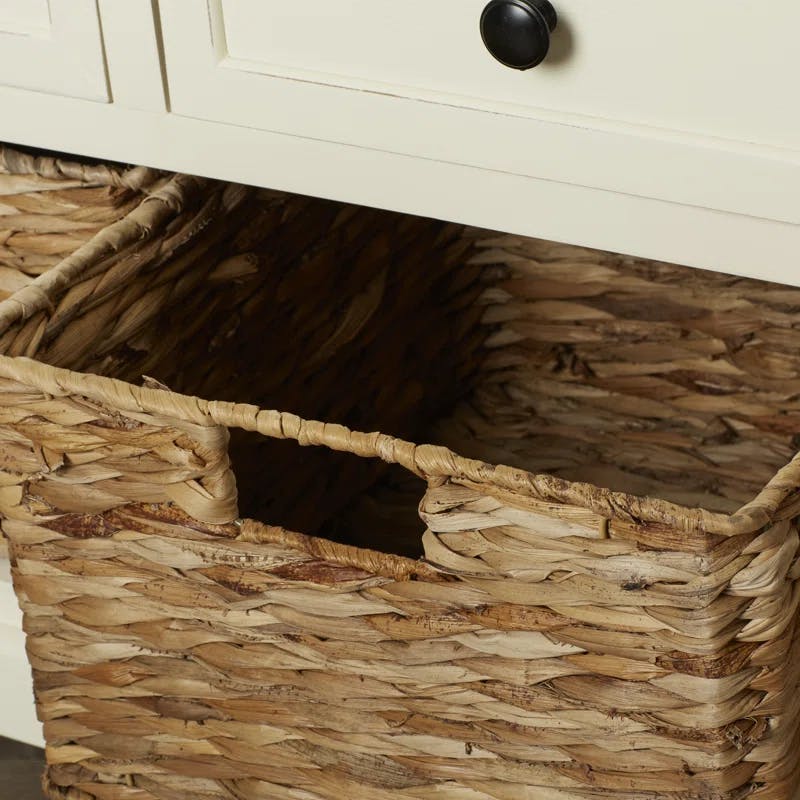 Distressed Cream Pine Storage Bench with 3 Drawers & Wicker Baskets
