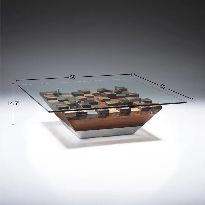Sleek Frosted Glass & Wood Inlay Square Cocktail Table