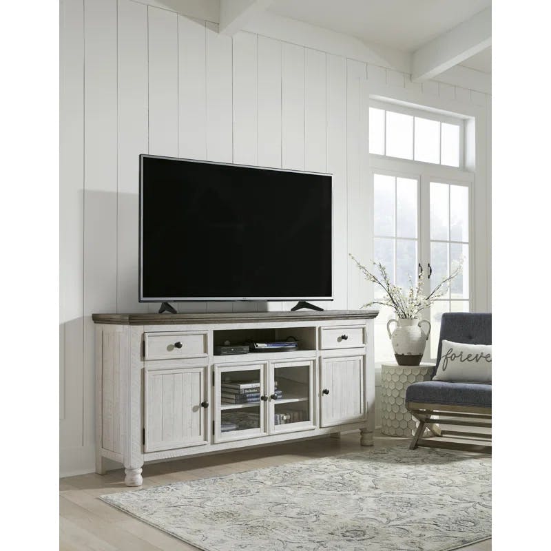 Transitional Two-Tone White and Weathered Gray 74'' Media Console with Cabinet