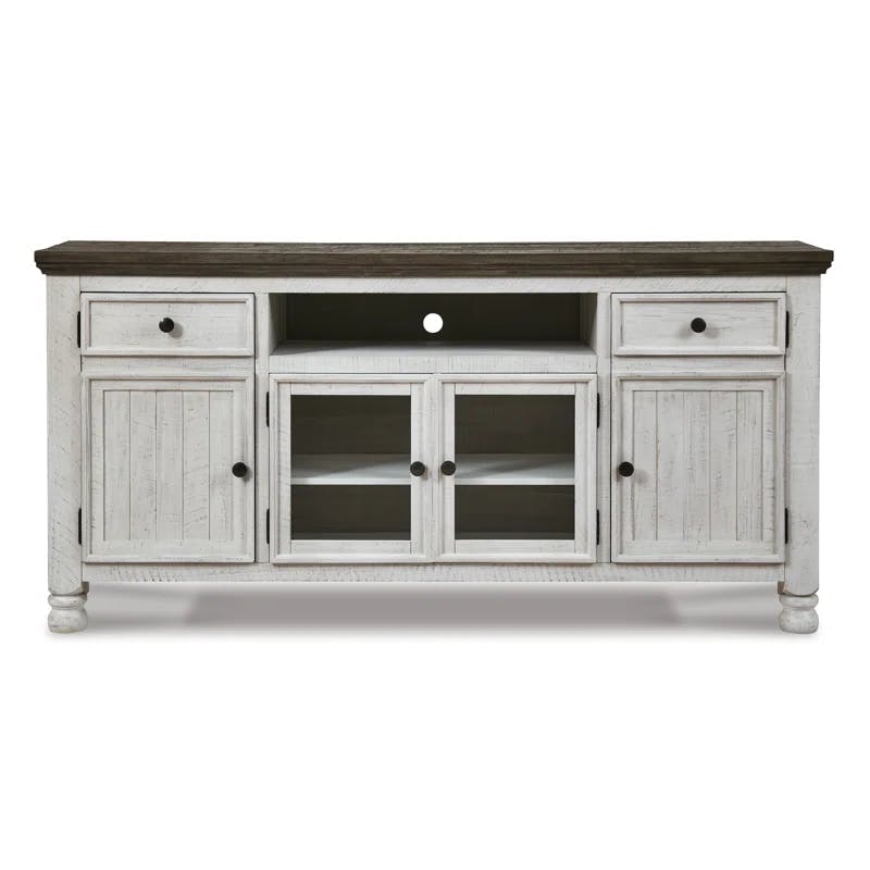 Transitional Two-Tone White and Weathered Gray 74'' Media Console with Cabinet