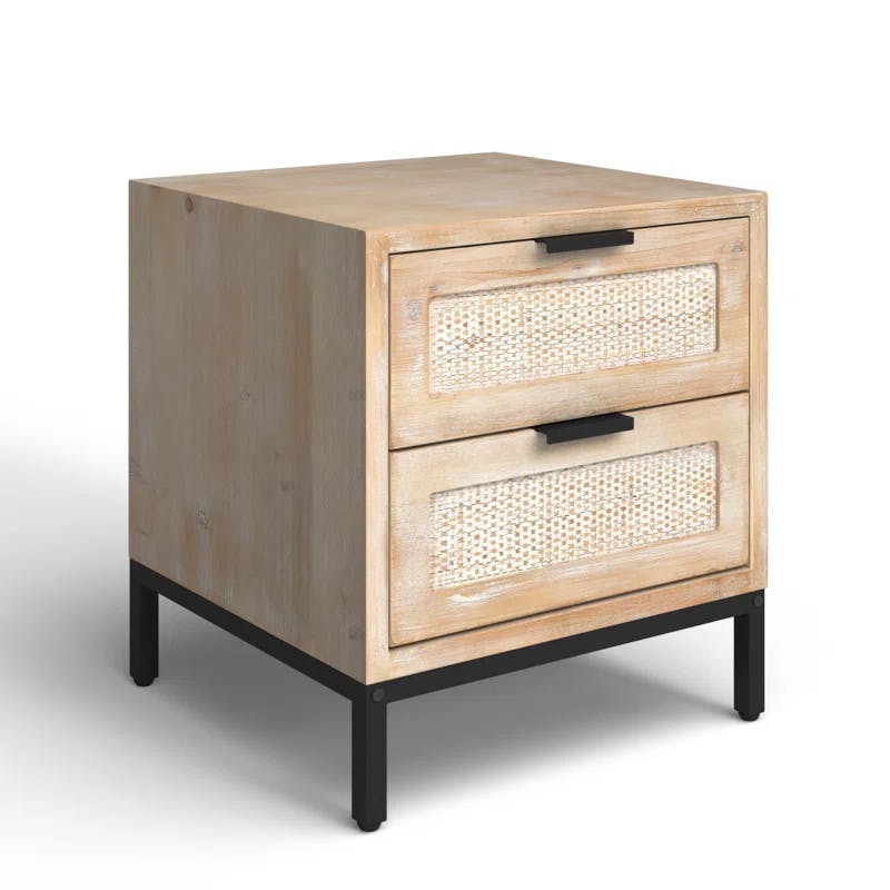 Modern Wood and Iron Side Table with Rattan Drawer Fronts