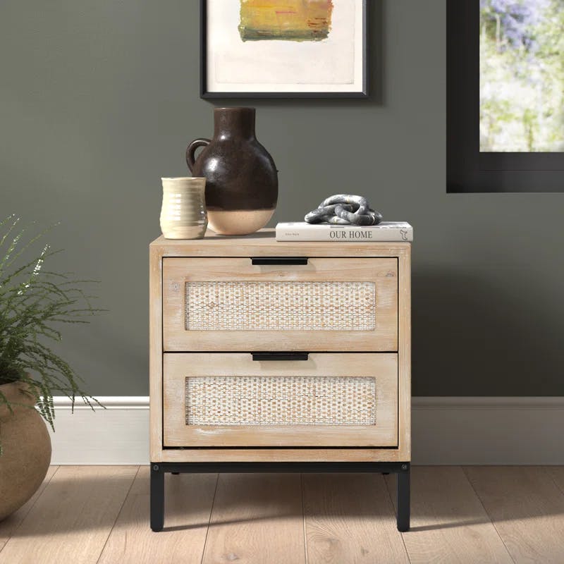 Modern Wood and Iron Side Table with Rattan Drawer Fronts