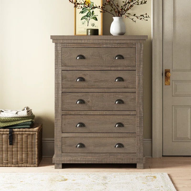 Farmhouse Charm Weathered Gray & Brown Pine Chest with Soft Close Drawers
