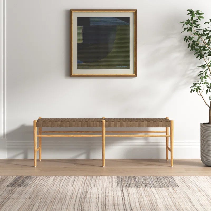 Modern Oak and Woven Leather Bench, 57" Brown