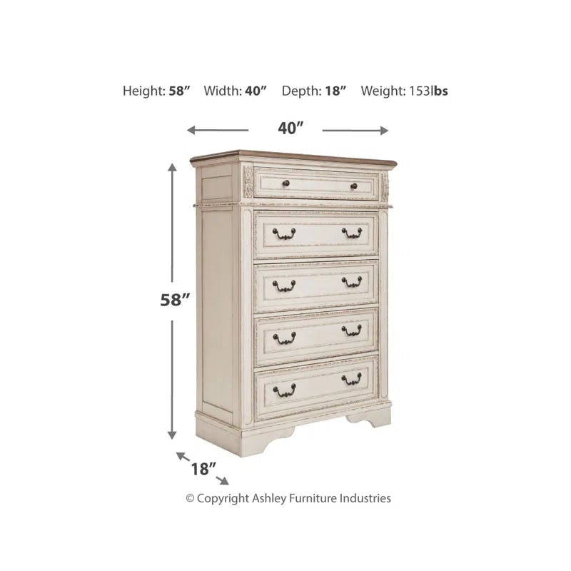 Charming Cottage White 5-Drawer Chest with Distressed Wood Top