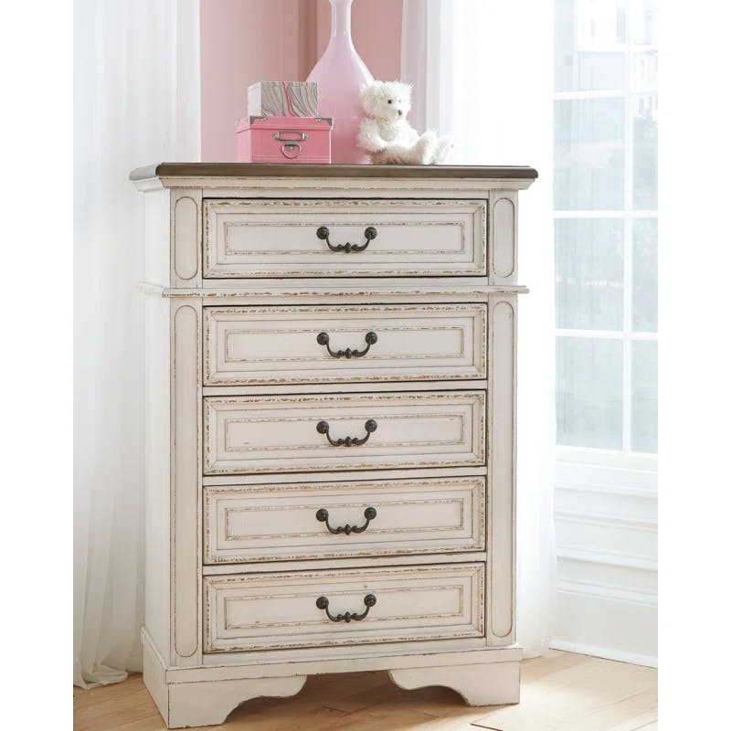 Cottage Charm Antique White 5-Drawer Chest with Felt Lined Drawers