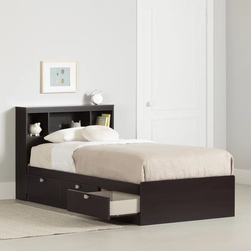 Chocolate Twin Captain's Bed with Storage and Bookcase Headboard