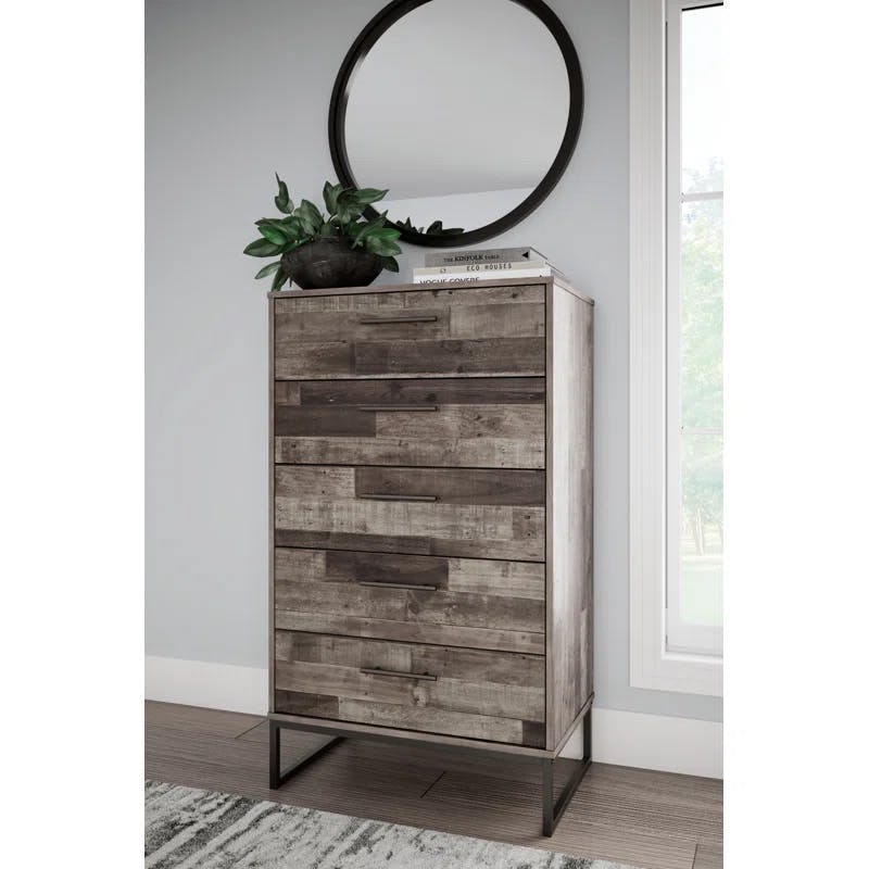 Transitional Neilsville 5-Drawer Chest in Beige/Black with Rustic Finish