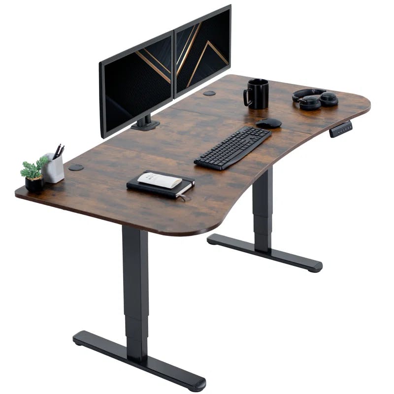Rustic Vintage Brown & Black Electric Adjustable Standing Desk with Keyboard Tray