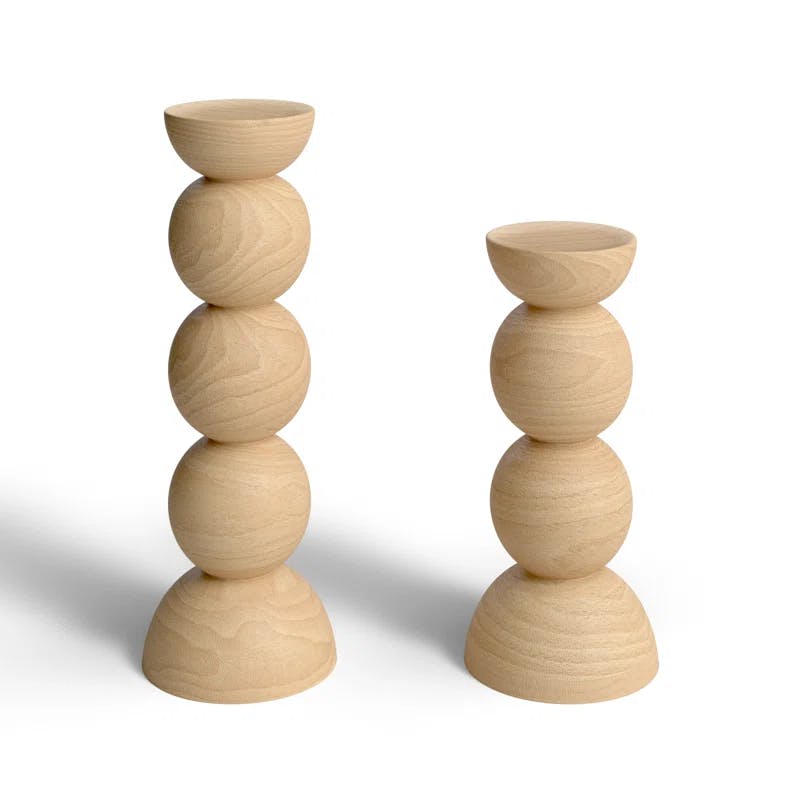 Classic Hand Carved Wooden Stacked Ball Candlestick Set