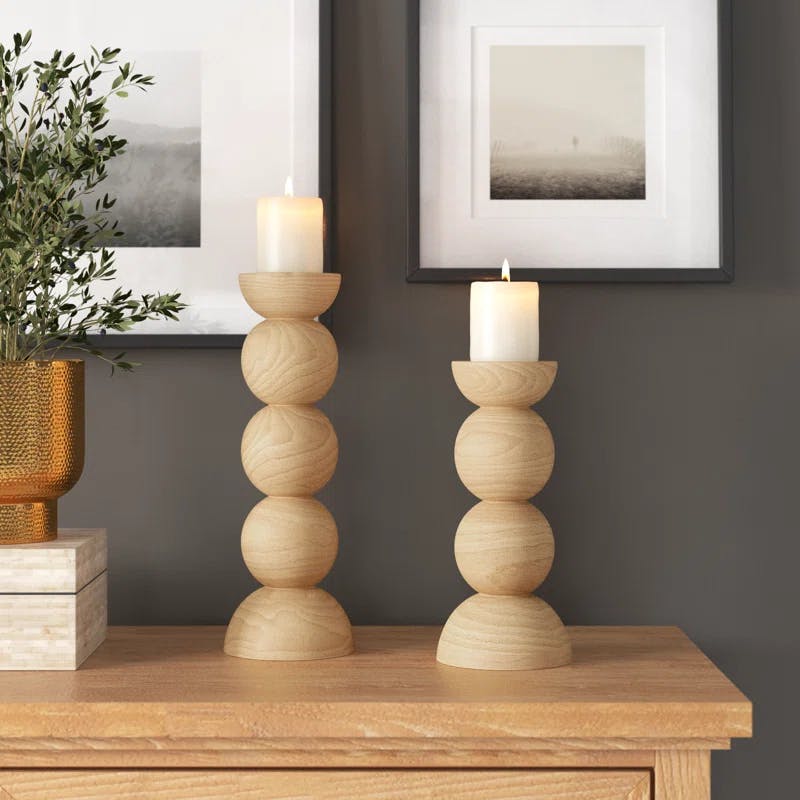 Classic Hand Carved Wooden Stacked Ball Candlestick Set
