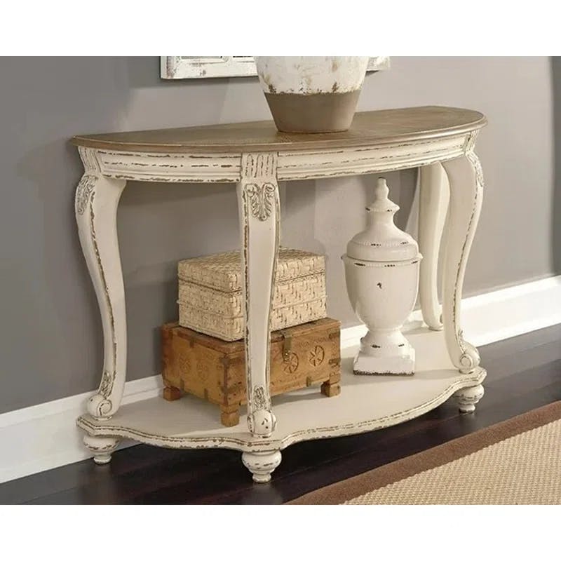 Realyn Demilune Sofa Table with Storage in Distressed White/Brown