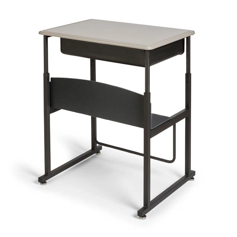 Adjustable Black Metal Writing Desk with Swinging Footrest and Storage Shelf