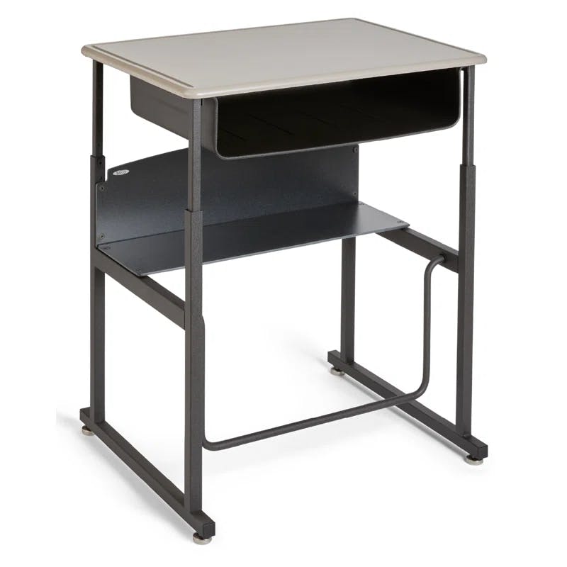 Adjustable Black Metal Writing Desk with Swinging Footrest and Storage Shelf