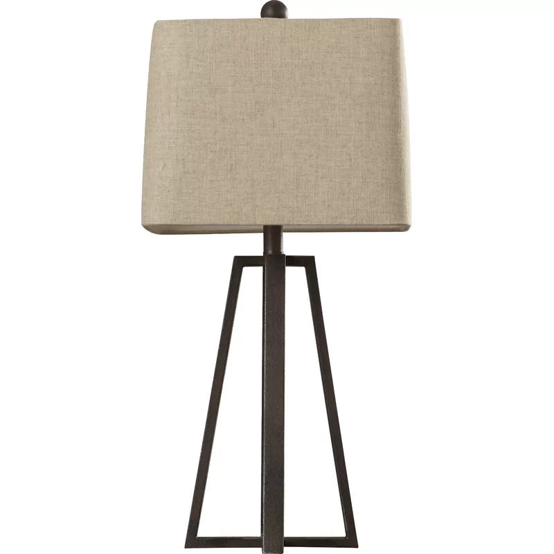 Rustic Bronze Geometric Table Lamp with Linen Shade