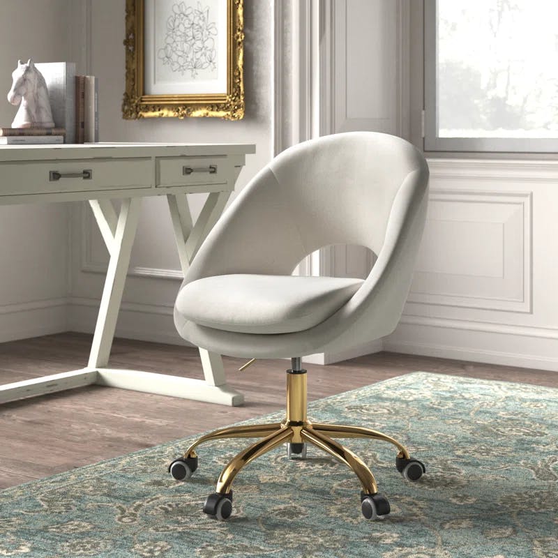 Ivory Velvet Ergonomic Swivel Task Chair with Wood & Metal Frame