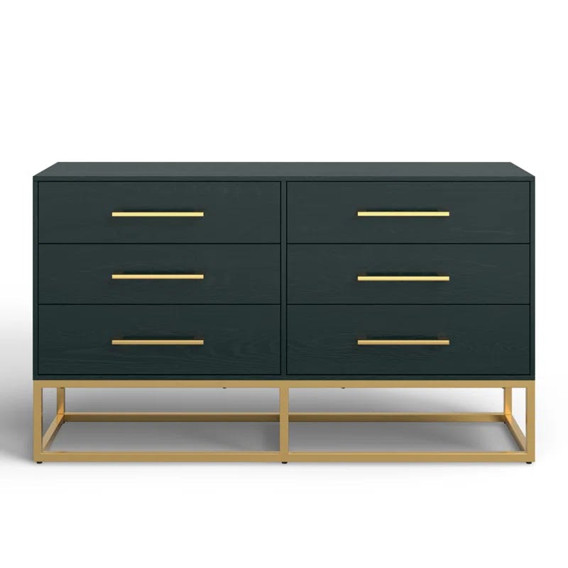 Estelle Transitional Teal 6-Drawer Dresser with Brass Accents