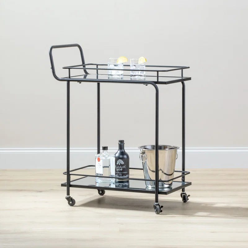 Elegant Black Metal Rectangular Bar Cart with Glass Shelves and Wine Rack
