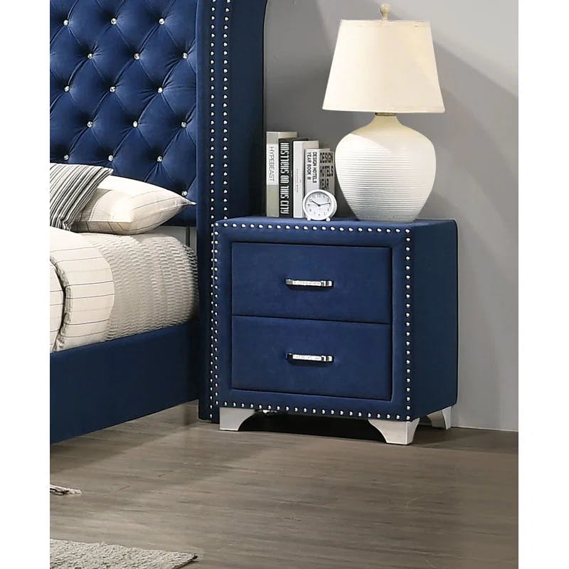 Pacific Blue Velvet Upholstered 2-Drawer Nightstand with Nailhead Trim
